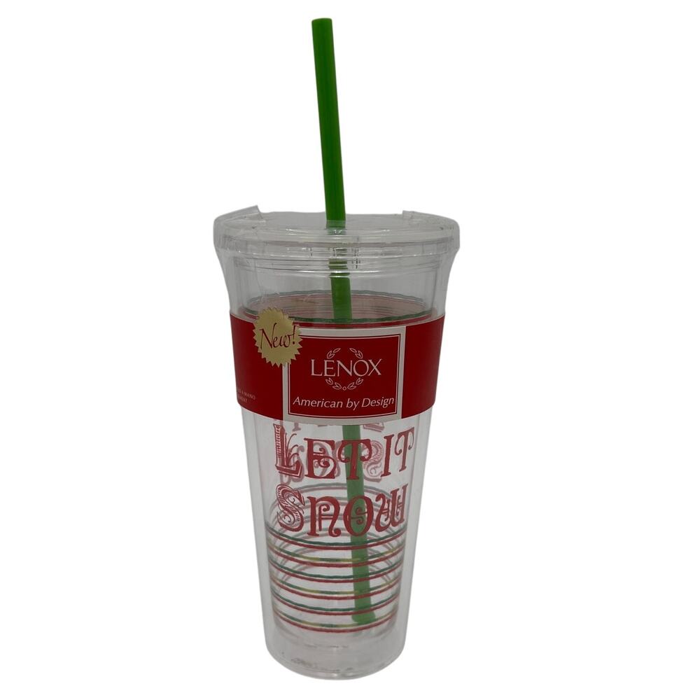 NEW Lenox Clear Plastic Travel Cup Let It Snow With Straw Made in USA 20 Oz.